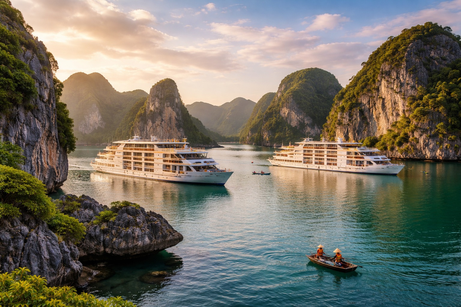 Rowing boats in Bai Tu Long Bay